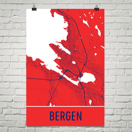 Bergen Norway Street Map Poster - Wall Print by Modern Map Art